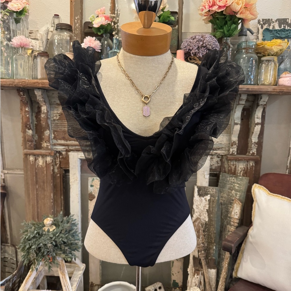 ZARA BODYSUIT | Black Ruffled Organza Tulle | V Neck Front | Open Back Top | M